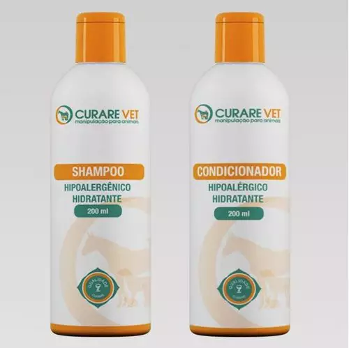 Kit Shampoo Hipoalergênico Hidratante CurareVet + Condicionador Hipoalergênico Hidratante CurareVet p/ Cães e Gatos 200ml