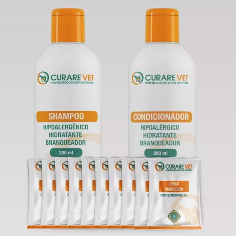 Kit Shampoo e Condicionador Hipoalergênico + Lenço Umedecido CurareVet